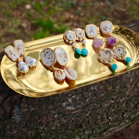 New Gold Crushed Shell Turquoise Drop Earrings - Picture 10 of 10